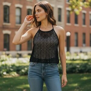 Vintage Y2K Womens Top L Black Sheer Lace A Line Crop Racer Back Tank Whimsigoth